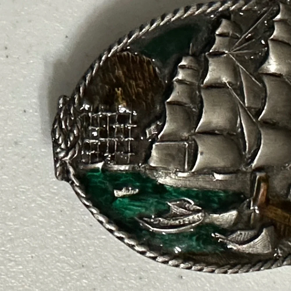 Bergamot Brass Works 1983 3D Sailing Clipper Ship Belt Buckle Enamel VTG Rudyard